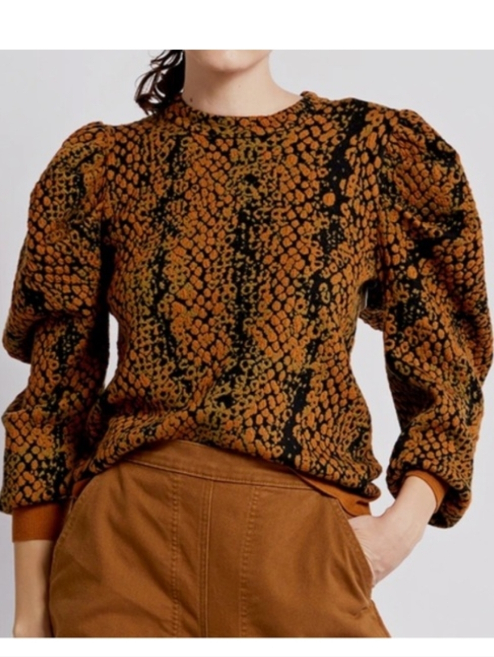 Ulla Johnson Gemma Pullover knit sweater brown Python Wool puff sleeve S